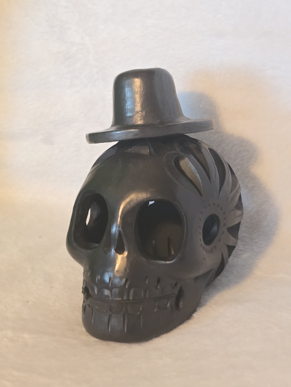 Mexican Oaxacan Black Clay Calado Skull with Hat